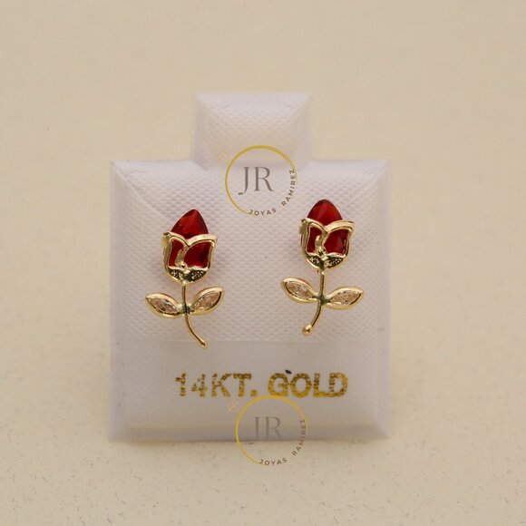 14K Solid Yellow Gold Red Tulip Stud Earrings • Floral Elegance & Passion. - Picture 1 of 10